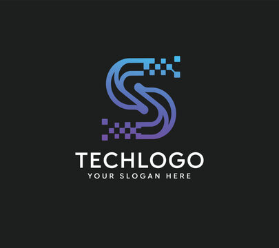Abstract Letter S Technology Logo with Pixel Data Effect, Digital Transformation, AI Software, Cybersecurity, Cloud Computing, Fintech, Blockchain, Startup Brand Identity Vector