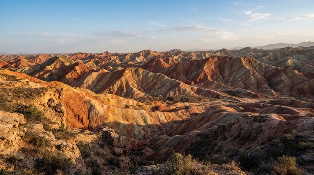 Colorful Danxia landform mountains with vibrant red and orange sandstone layers, majestic geological rock formations, scenic desert mountain landscape