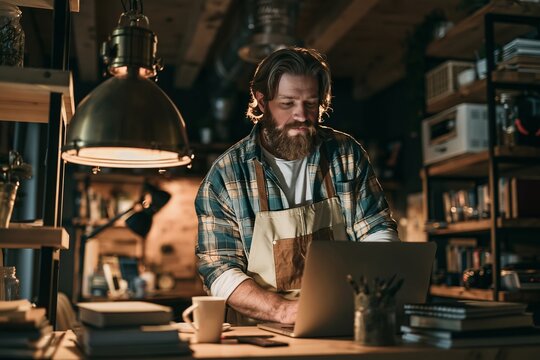 Bearded artisan woodworker working on a laptop computer inside his workshop during the evening