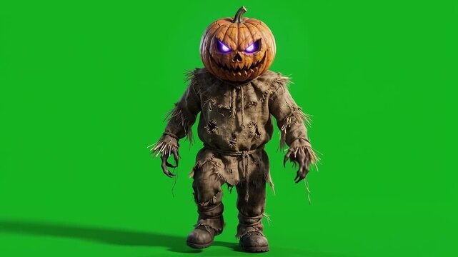 Menacing Jack-o'-Lantern Scarecrow Monster, tattered burlap and straw details, glowing violet eyes, eerily advancing on a bright green screen