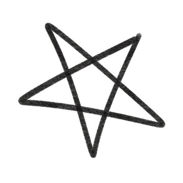 Cute hand drawn sketchy black pentagram five pointed star doodle, crayon texture spooky Halloween magic symbol line art isolated on transparent background PNG clipart for autumn card and craft
