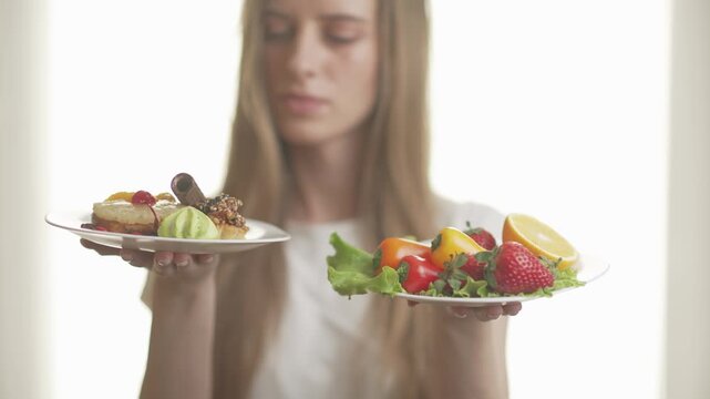 Woman choosing between a plate of salad and sweet pastries. Healthy diet, nutrition choice and willpower