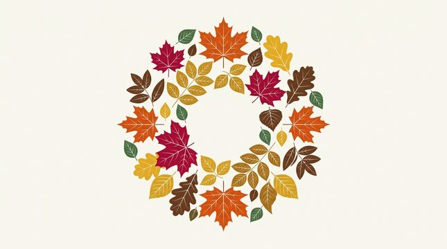Colorful autumn leaves arranged in a circular wreath design for seasonal fall greeting cards