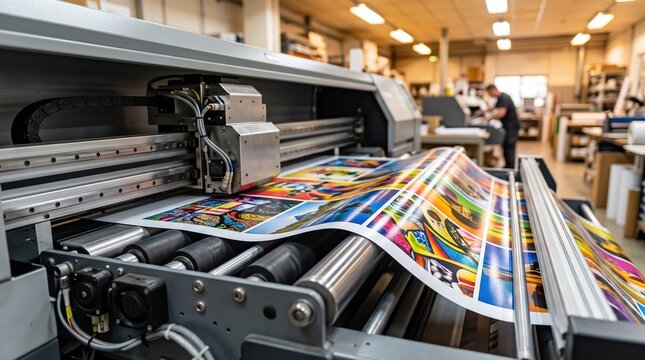Printer outputting colorful photo tile sheets parrot seascape images, worker supply shelves background, commercial print shop. Digital photo printing theme