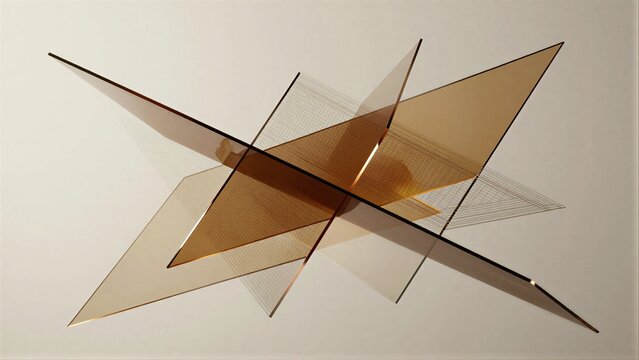 Abstract geometric sculpture with intersecting translucent amber panels against a neutral background.