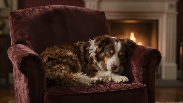 A cozy dog sleeps peacefully in a plush armchair by the fireplace.