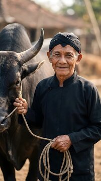 Elderly Indonesian farmer in traditional attire standing with water buffalo.