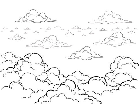 Whimsical sketch style clouds floating in transparent sky background transparent background