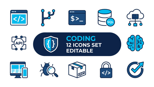 Coding Icons Set: A collection of 12 diverse icons representing various aspects of coding, software development, and technology, including code editor, version control, database, cloud, API, security.
