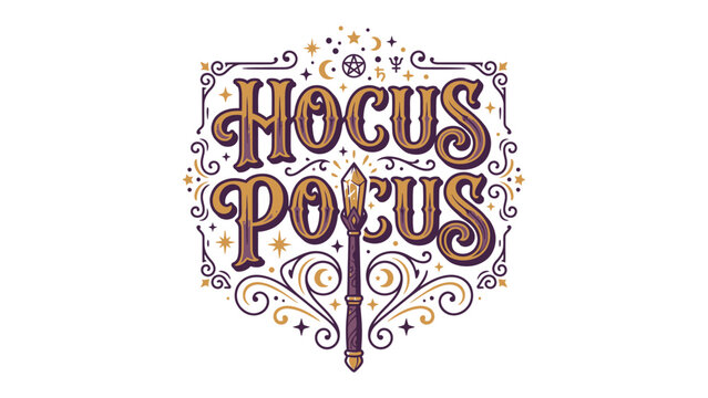 Hocus Pocus Halloween Art: A vintage-style illustration featuring the words Hocus Pocus in decorative typography, set against a backdrop of stars and crescent moons, with a magical wand in the center.