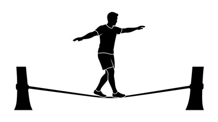 Fototapeta premium Tightrope walker silhouette: A solo figure skillfully balances on a tightrope stretched between two poles, showcasing concentration and precision.