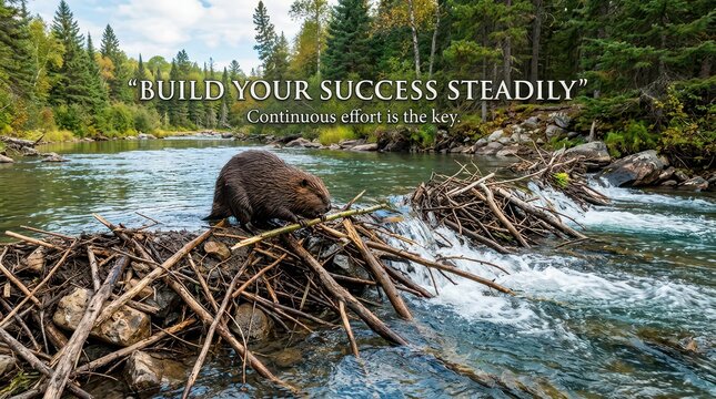 Beaver building a dam on a flowing river in a forest, symbolizing hard work and perseverance