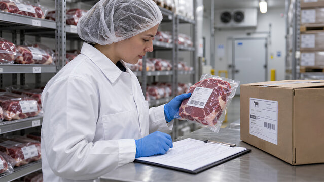 Food Safety Inspector Checking Packaged Beef for Compliance