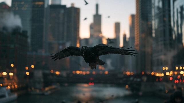 Bird of Prey Flying in Front of City Skyline