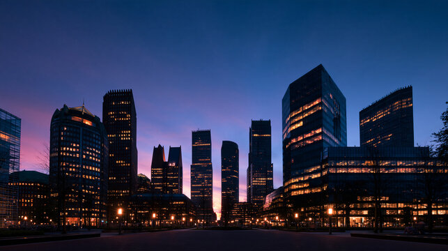 Modern City Skyline and Office Buildings at Dusk