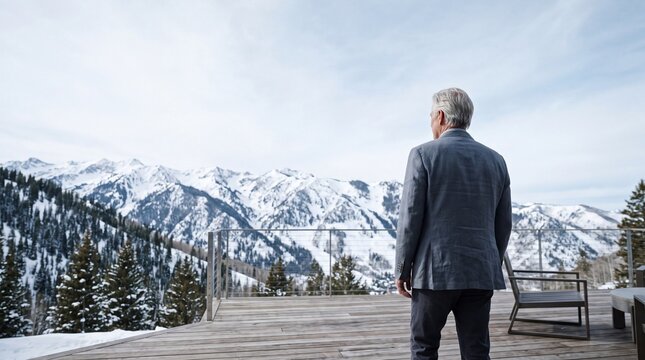 Businessman Standing on Balcony Overlooking Snowy Mountains