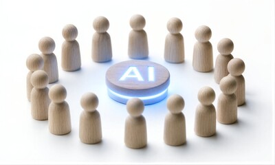 Obraz premium Wooden figures surround a glowing AI symbol, representing human-AI collaboration.