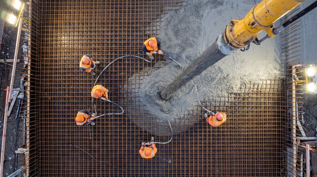 Construction Workers Pouring Concrete on Rebar Foundation
