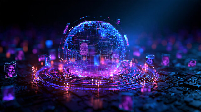 Futuristic Digital Globe with Biometric Data Security Network