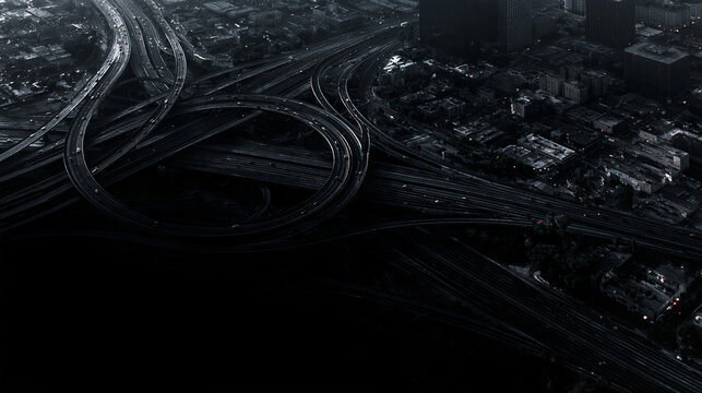 Aerial View of Complex Highway Interchange at Night
