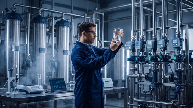 Engineer Inspecting Water Sample in Industrial Purification Facility