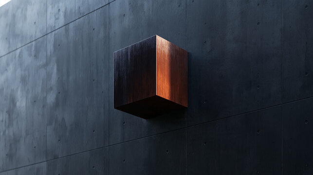 Minimalist Geometric Cube on Modern Dark Concrete Facade