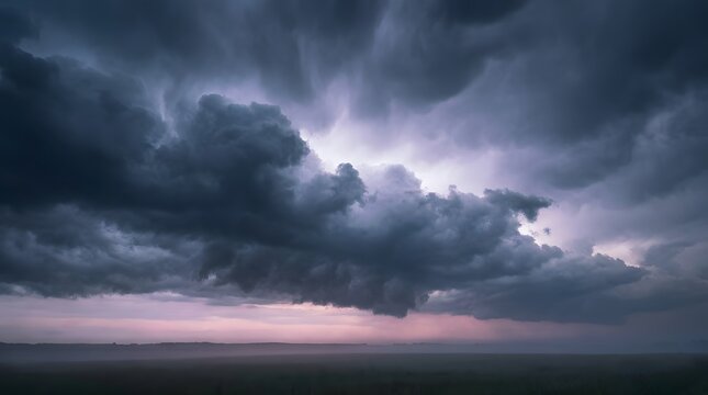 Dramatic storm clouds with lightning over a dark and moody landscape