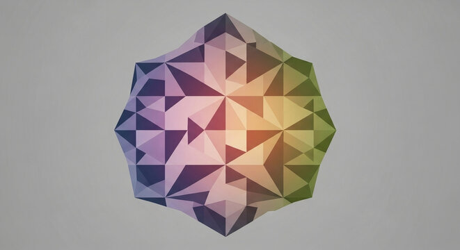 A vibrant multicolored geometric polygon pattern forms a striking kaleidoscopic structure featuring rich shades of purple, pink, and green arranged harmoniously across the visual composition