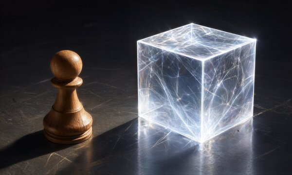 Wooden pawn stands beside glowing, crystalline cube on dark surface.