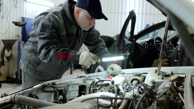 Skilled automotive technician inspecting car engine with flashlight, diagnosing mechanical problem inside professional repair workshop