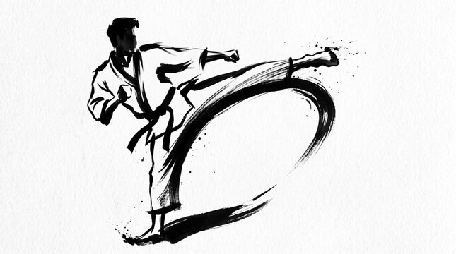 Male martial arts side kick silhouette black ink brush illustration for creative sports projects.