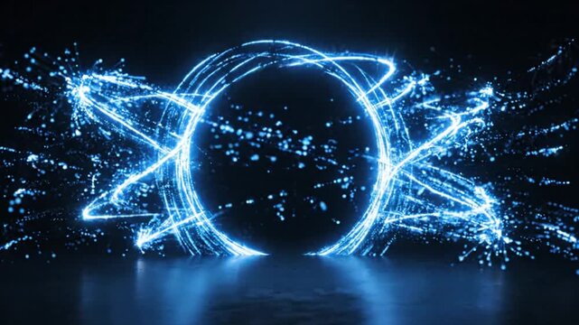 Futuristic blue glowing energy ring portal with abstract light particles spinning in dark space environment