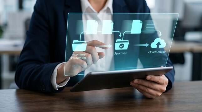 Business professional interacting with futuristic transparent digital interface displaying document management workflow system and cloud storage options during daily office work