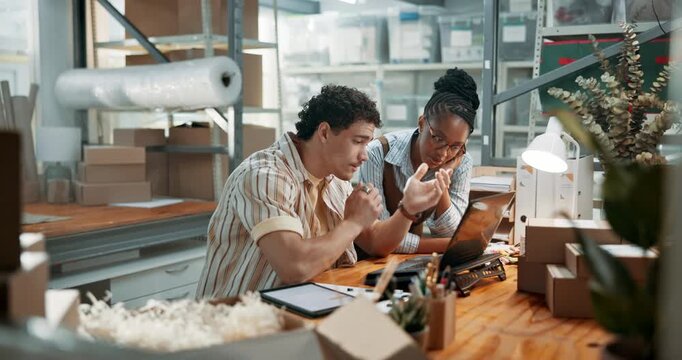 Team, laptop and stress in small business for shipping delay, missing package and refund request. Ecommerce startup, people and worry with tech for lost bulk order, delivery fail and client pressure