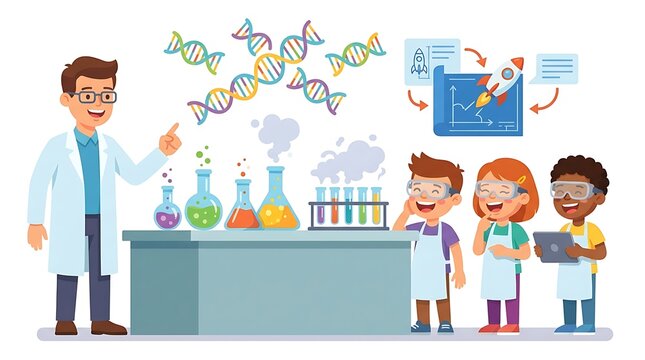 A male instructor explains scientific principles regarding molecular structure and engineering to young children wearing protective eyewear while performing hands on experiments in a classroom