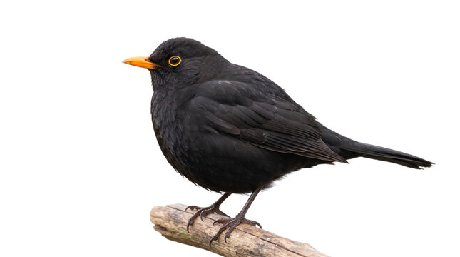 European blackbird perched on a branch with a detailed view of its orange beak and yellow eye