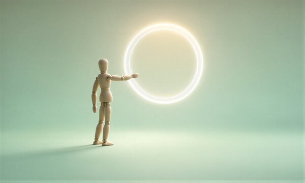 Wooden figure reaches toward glowing circular light in minimalist green space.