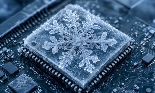 Snowflake on icy chip, symbolizing cold tech innovation and futuristic computing power.