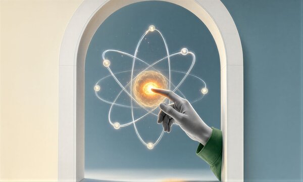 Hand touches glowing atom through arched window, symbolizing scientific discovery.