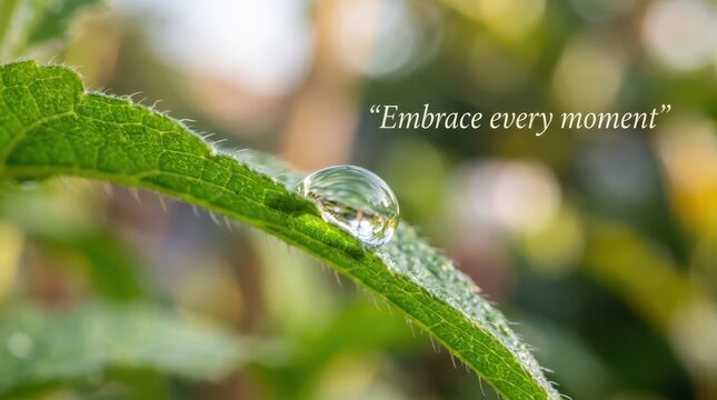 Close-up of a dewdrop on a green leaf with inspirational quote "Embrace every moment"