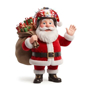 Santa Claus wearing a motorcycle helmet waving with a sack of