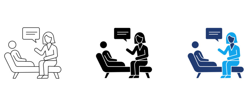 Psychology therapy icon set with patient on couch and therapist, mental health counseling symbols for medical clinics.