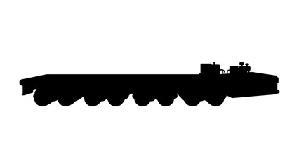 Fototapeta premium Heavy Duty Trailer Silhouette: A stark black silhouette of a heavy-duty trailer with multiple axles is captured against a clean white background, emphasizing its powerful and robust structure.