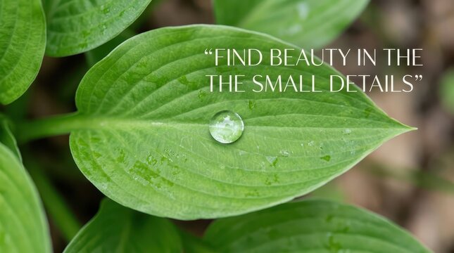 Close-up of a dewdrop on a vibrant green leaf with inspirational quote about small details