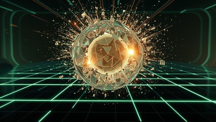 Fototapeta premium Digital sphere shattering. Glowing lines create futuristic tunnel effect. Dramatic impact, energy release visible. Abstract, vibrant scene.