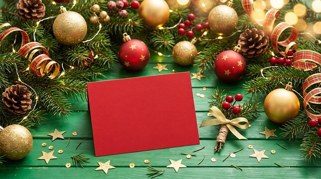 Christmas greeting card with red blank paper on festive wooden