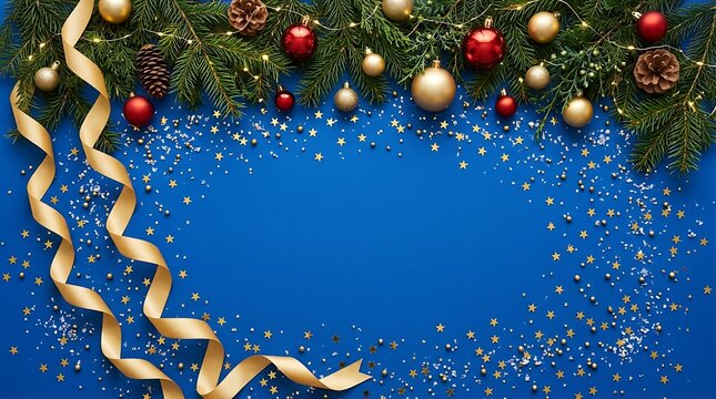 Christmas flat lay with gold ribbons and ornaments on blue background