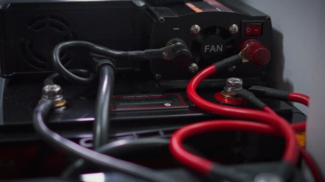Red and black power cables connecting the inverter and battery in a comprehensive home backup power system. A concept for eco-friendly solar energy storage and uninterrupted power supply