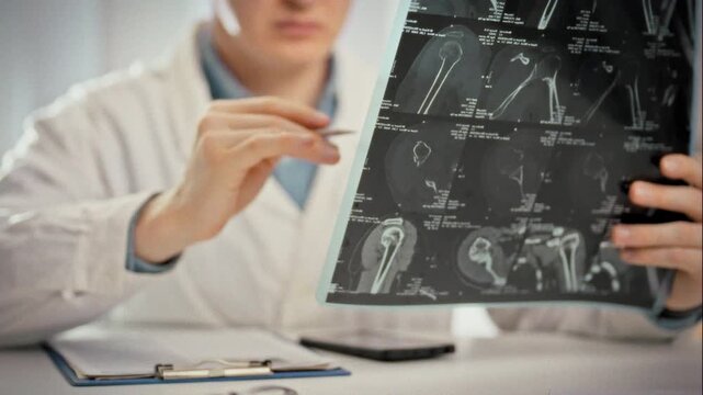 MRI scans and X-ray images line the bright walls of medical office as doctor scrutinizes each slice, pinpointing fracture details. This analysis guides accurate diagnosis and tailored treatment plan