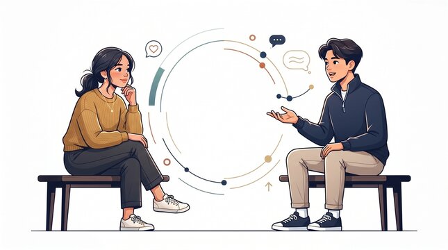 Two young people sitting together and having an open conversation, representing healthy communication, friendship, emotional support, trust, understanding, and positive relationships among teenagers.